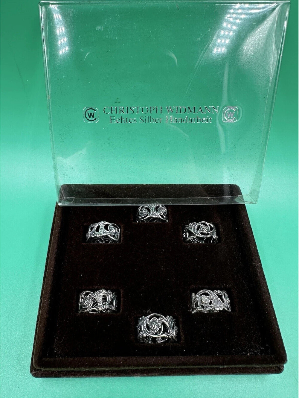 Vintage Christoph Widmann Mini Napkin Rings 835 Silver German Filigree Rose Set